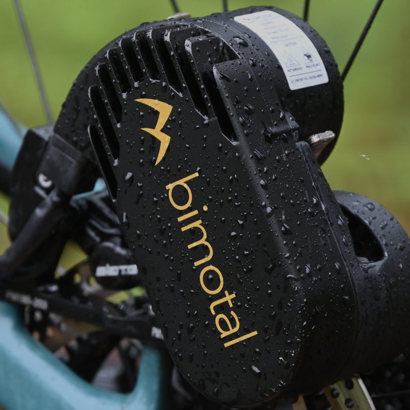 Close-up of Bimotal Elevate motor mounted on rear disc brake